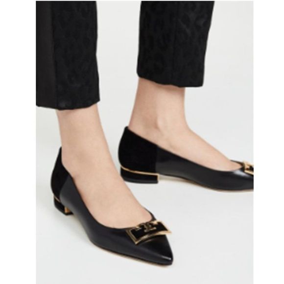 Tory Burch Gigi Black Pointy Toe Flat Leather Silk Suede T Logo Women's 6.5 - Picture 1 of 7
